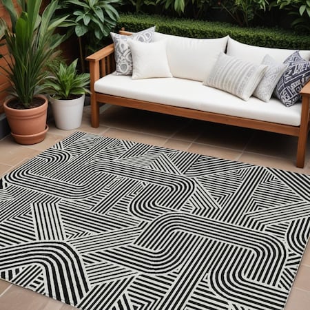 Homeroots 9' X 12' Black And Ivory Abstract Washable Indoor Outdoor Area Rug 594909