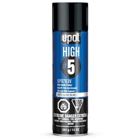 U-Pol HIGH#5 UP0763 V High Build Primer, 450 mL Aerosol Can, White, 21.5 sq-ft Coverage UP0763V