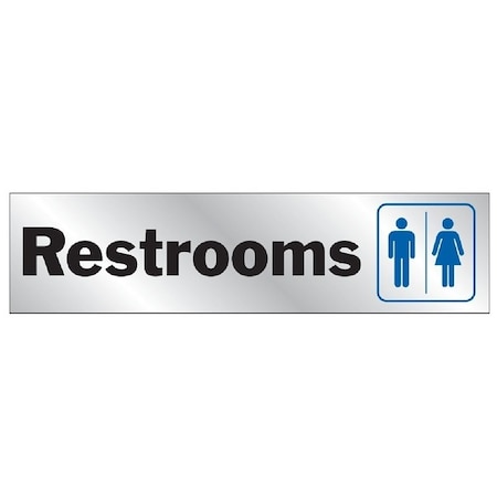 Hy-Ko Sign, Restrooms, Silver Background, Vinyl, 2 x 8 in Dimensions 488
