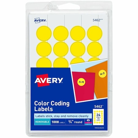 Avery Print or Write Removable Color-Coding Labels, 3/4" Dia, Yellow, 1008/Pack 5462