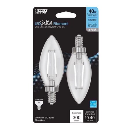 Feit Electric White B10 E12 (Candelabra) Filament LED Bulb Daylight 40 Watt Equivalence, 2PK BPCTC40950WFIL2