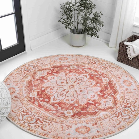 Jonathan Y Asa Ornate Medallion Non-Slip Machine-Washable Orange/Cream 6 ft Round Area Rug WSH108A-6R