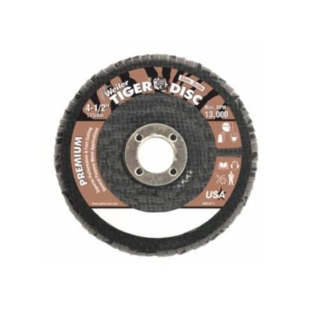 Weiler Tiger Disc Angled Style Flap Discs, 4 in, 36 Grit, 5/8 Arbor, Phenolic Back, Alum Oxid, 10PK 804-50552