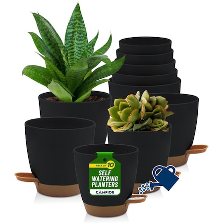 Campior Black Self Watering Pots Indoor and Outdoor Plant Pots with Wick Rope and Drainage Holes, 10PK CAMPPLTBK87
