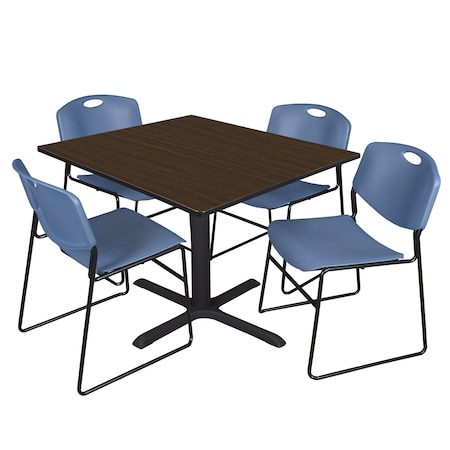 Regency Square Cain Breakroom Table W/ 4 Zeng Stack Chairs, 48 in W, 48 in L, Neo Walnut TB4848NW44BE