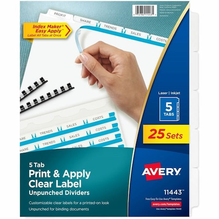Avery Dennison Avery Index Maker Clear Label Divider, Blank, 8.5"x11", 5 Tabs, 25 Sets, White/White 11443