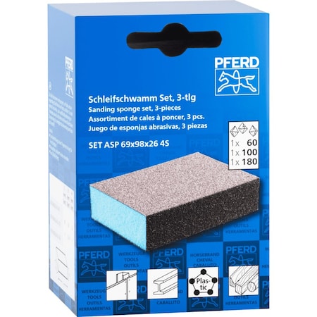 Pferd PFERD Sanding sponge Set with 4 abrasive sides, 2-3/4in x 4, 60, 80, 180 Grit, Aluminum oxide, 3 PK 46403