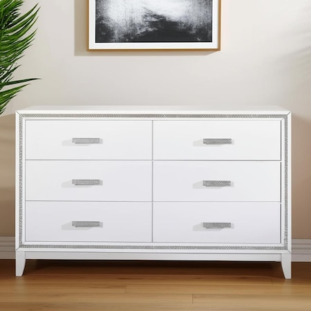 Homeroots 63" White And Silver Faux Crystal Bling Wood Six Drawer Double Dresser 564673