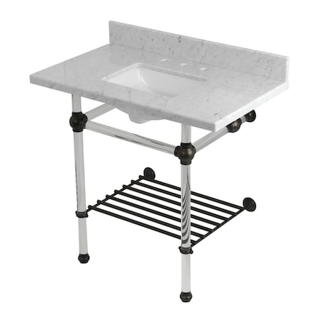 Kingston Brass 36-Inch Carrara Marble Console Sink with Acrylic Legs and Shelf, 8-Inch, 3-Hole KVPB36MASQB5