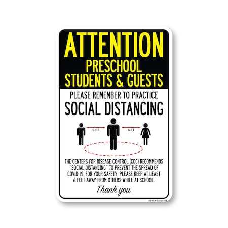 Signmission PSA Preschool Students And Guests Practice Social Distancing 10in X 7in Rigid Plastic, P-710-25388 OS-NS-P-710-25388