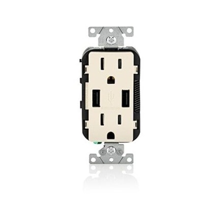 Leviton USB Charger/Duplex Tamper-Resistant Receptacle, 3.6/15 Amp, 125 Volt, NEMA 5-15R, Light Almond T5632-T