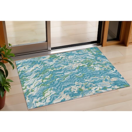 Homeroots 3' X 5' Teal Blue Ivory And Green Abstract Washable Indoor Outdoor Area Rug 600318