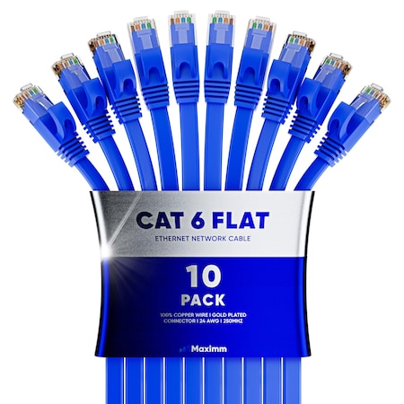 Maximm Cat6 Flat Ethernet Cable 50ft, 10PK, Blue, 10PK CAT6F-50BL10PK