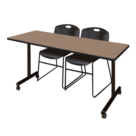 Regency Kobe Mobile T-Base Training Table W/ 2 Zeng Stack Chairs, 72 in W, 24 in L, Noble Oak MKTRCC7224NO44BK