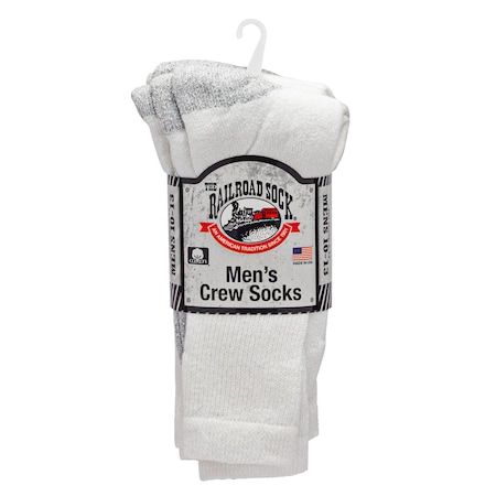 Railroad Sock Mens Crew Socks, 80% Cotton, 10% Nylon, 10% Polypropylene, White/Grey, 6-12 M, 4 PK RW50