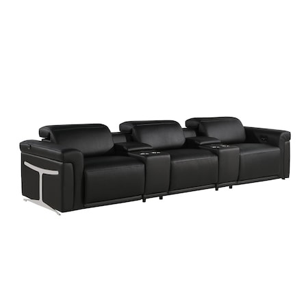 Homeroots 126" Black Top Grain Leather Reclining Metal USB Sofa 720365