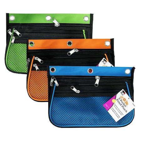 Charles Leonard Pencil Pouch, 3-Pocket, Assorted Colors, 3PK 76365-3