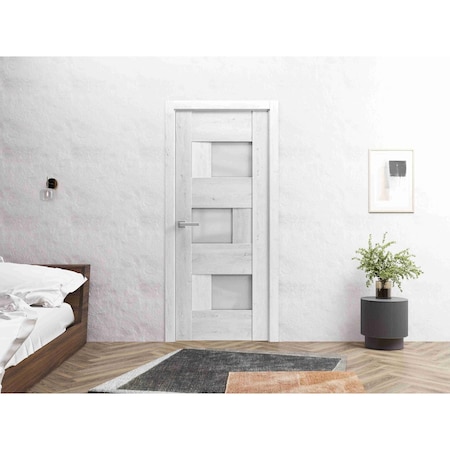 Vdomdoors Solid French Door 24 x 84in, Nordic White W/ Frosted Glass, Single Regular Panel Frame Trims Handle SETE6933ID-NOR-2484