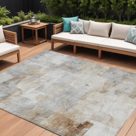 Homeroots 9' X 12' Beige Gray And Khaki Abstract Washable Indoor Outdoor Area Rug 618080