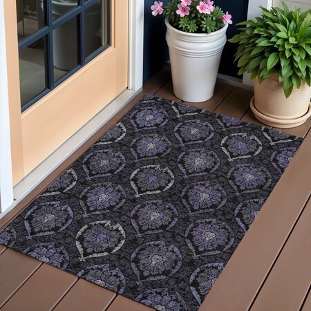 Homeroots 3' X 5' Purple Charcoal And Gray Medallion Washable Indoor Outdoor Area Rug 587716