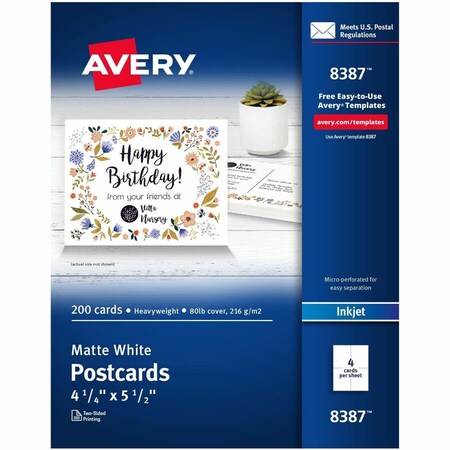 Avery Inkjet Post Card, 5-1/2" x 4-1/4", Matte, White, 200 Cards/Pack 8387