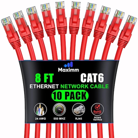 Maximm Cat6 Ethernet Cable 8ft 10Gbps 550MHz UTP, 10PK, Red, 10PK CAT6CCA-8RD10PK