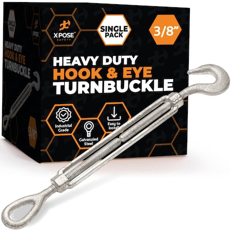 Xpose Safety 3/8in Hook and Eye Turnbuckle, Heavy Duty Galvanized Steel Turn Buckles GTB38-HE-1-X