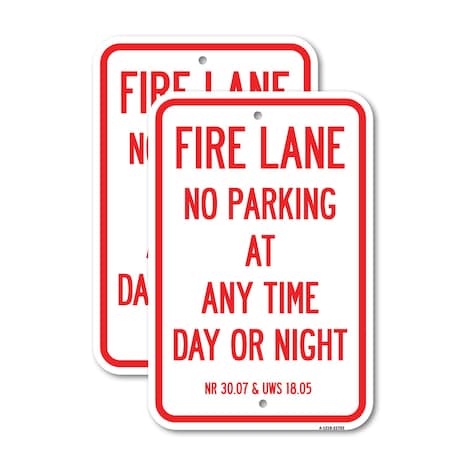 Signmission Wisconsin Fire Lane No Parking at Anytime Day or Night, 12'' X 18'', Heavy Gauge Aluminum, 2PK A-1218-2PACK-22702