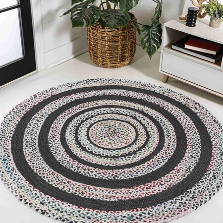 Jonathan Y Abyss Braided Bohemian Coastal Round Jute White/Multi 4 ft Round Area Rug RNF117B-4R