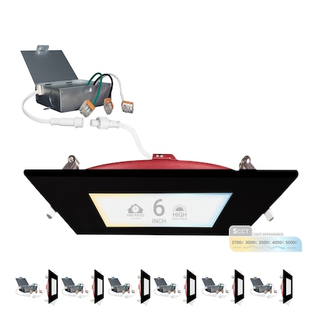 Nuwatt 6 Inch 2 Hour Black Square Fire Rated Recessed Lighting, Wafer LED Lights 2700K-5000K, 1200LM, 6PK NW-P-SQDL-6-15W-5CT-FR-BLK-6P