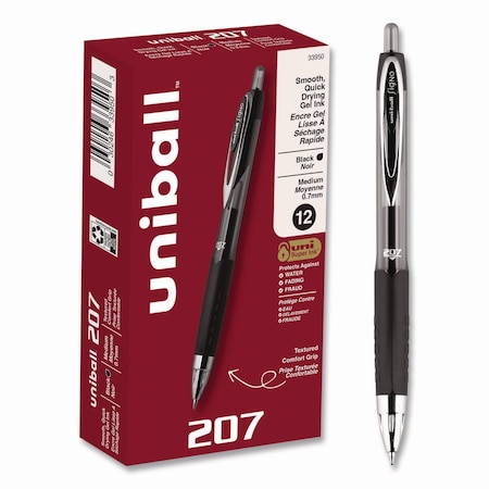 Uni-Ball Signo 207 Gel Pen, Retractable, Medium 0.7 mm, Black Ink/Barrel, PK12 33950