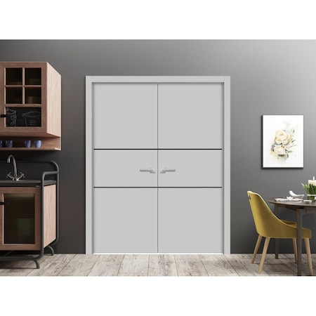 Sartodoors Solid French Double Doors, Planum 0014 Matte Grey and Aluminum Strips, Wood Solid Panel Frame Trims PLANUM0014DD-GRE-6484