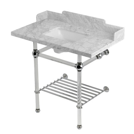 Kingston Brass 36-Inch Carrara Marble Console Sink with Acrylic Legs and Shelf, 8-Inch, 3-Hole LMS36MASQB1
