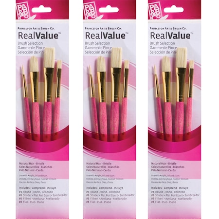 Princeton RealValue Brush Set, Natural Bristles, Short Handle Mixed Media Paintbrush, Pink, 4-Piece Set, 3PK PR9183