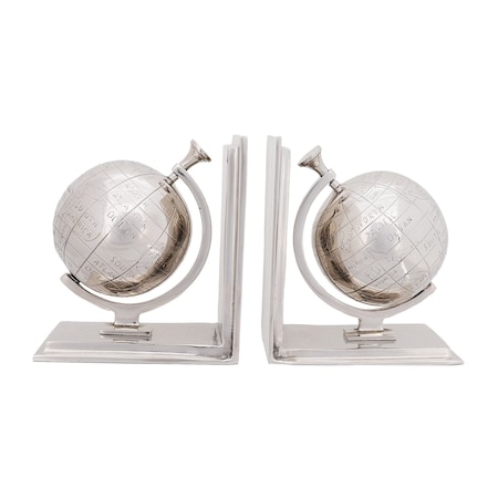 Homeroots 4.5" X 6.75" X 7.75" Alum Globe Bookend Set Of Two, 2PK 364199