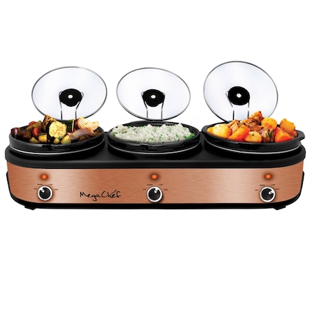 Megachef Triple 2.5 Quart Slow Cooker and Buffet Server in Copper and Black with 3 Cooking Pots MC-1210