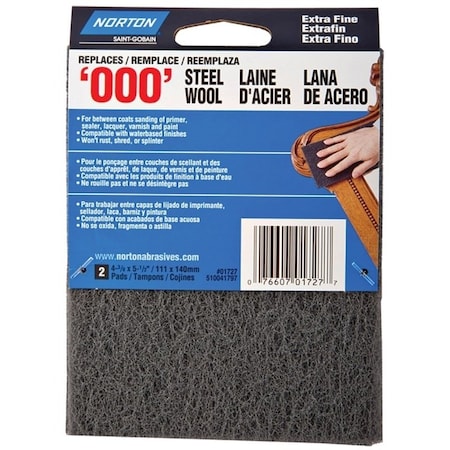 Norton Co 0 Steel Wool, 438 in L, 512 in W, 000 Grit, Extra Fine, Gray 1727
