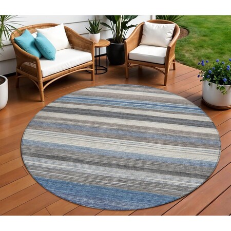Homeroots 8' Denim Blue Beige And Taupe Round Striped Washable Indoor Outdoor Area Rug 618258