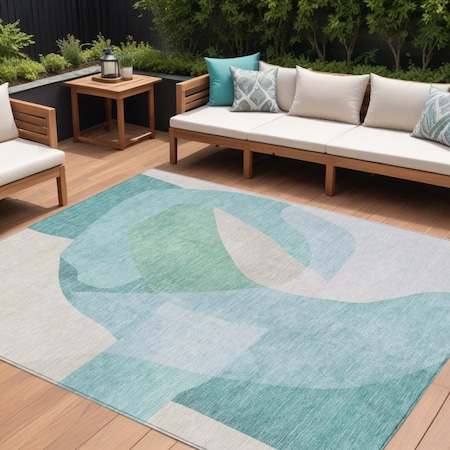 Homeroots 8' X 10' Pale Aqua And Beige Abstract Washable Indoor Outdoor Area Rug 630456