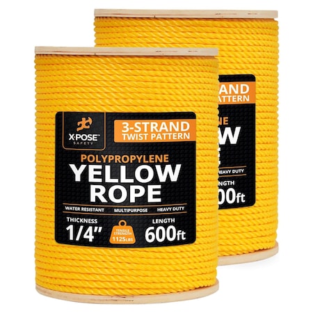 Xpose Safety Yellow Polypropylene Rope, 1/4 in x 600 ft, Floating, Oil & Moisture Resistant, 2PK YPR14-600-2-X-S