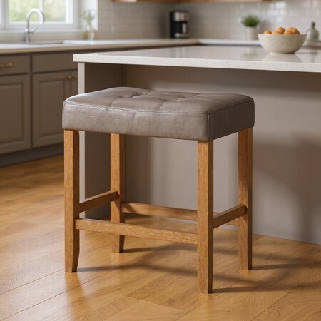 Homeroots Set of Two 26" Gray and Natural Faux Leather and Solid Wood Backless Counter Height Bar Chairs 632426