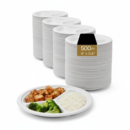 Eco Harmony Products Bagasse Plates, PFAS-Free, Compostable, White, 3 compartments, 9", 500PK 804569