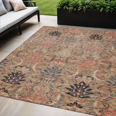 Homeroots 5' X 8' Khaki Terra Cotta And Black Damask Washable Indoor Outdoor Area Rug 603318