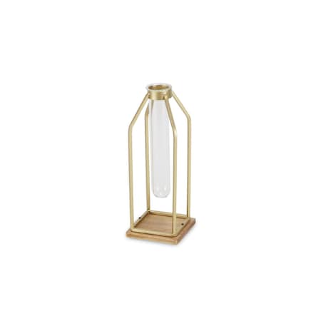 Homeroots 11" Gold Clear And Natural Metal Glass And Wood Test Tube Table Vase 488186