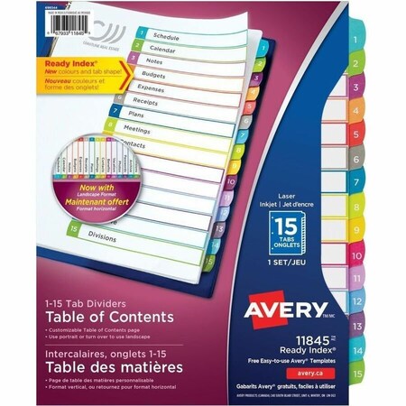 Avery Dennison Avery, CUSTOMIZABLE TOC READY INDEX MULTICOLOR DIVIDERS, 1-15, LETTER 11845