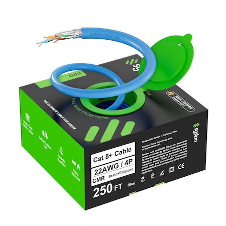 Syston Cable Technology Cat 8 Ethernet Cable S/FTP Bulk, 250ft, Blue, 2000 MHz 22 AWG Solid Copper, CL2R CMR Riser-Rated BULK1588-250BL