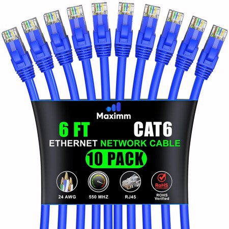 Maximm Cat6 Ethernet Cable 6ft 10Gbps 550MHz UTP, 10PK, Blue, 10PK CAT6CCA-6BL-10PK