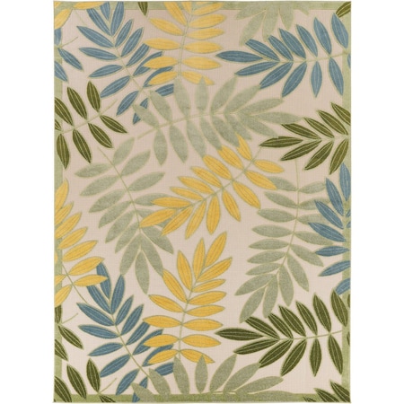 Homeroots 9' X 12' Green Yellow Blue Ivory And Dark Green Palm Leaf Indoor Outdoor Area Rug 548111