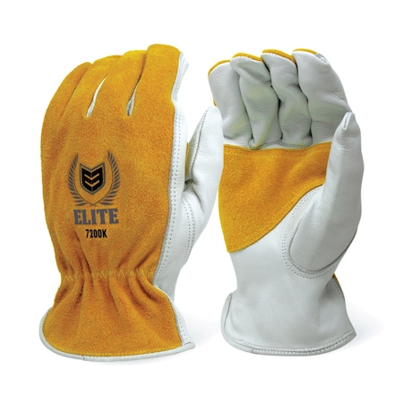 Firm Touch White Cow Grain Leather, Palm Patch, Golden Yllw Cowhide Split Leather Back, Kevlar Thread L, 12PK 7200K L