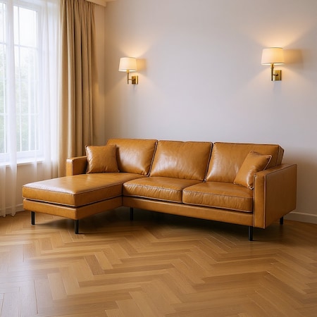 Homeroots Tan Genuine Leather L Shaped Sofa and Chaise Sectional With Toss Pillows 607314